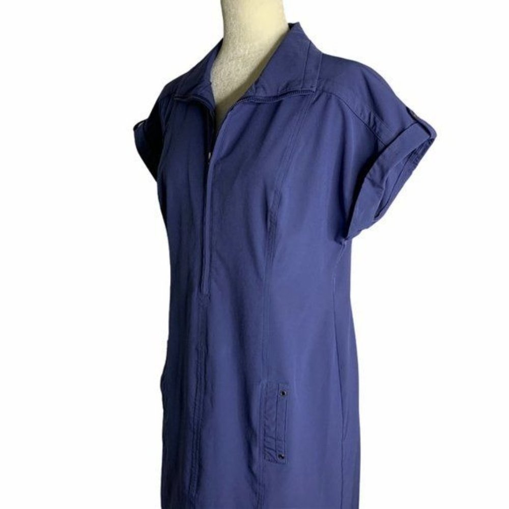 Peck Peck Weekend Half Zip Shirt Dress M Blue Short Sleeve Pockets Collared - Picture 6 of 9